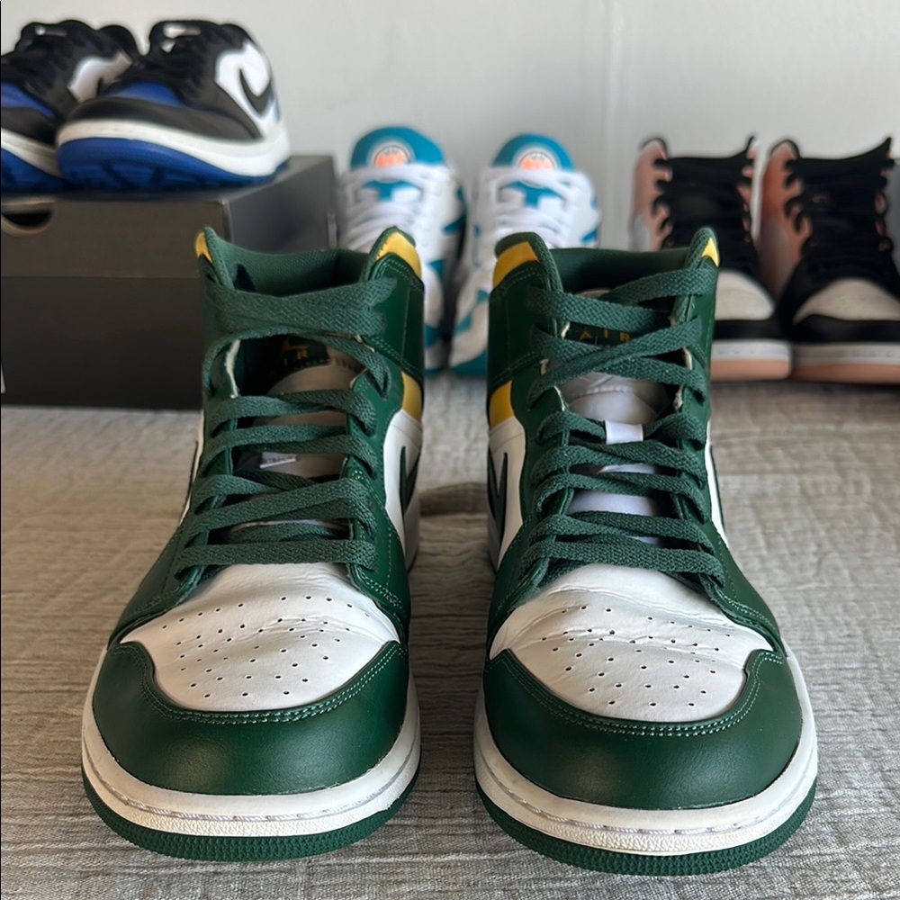 Air Jordan 1 Green, White and yellow Sneakers. Perfect for a packer fan!